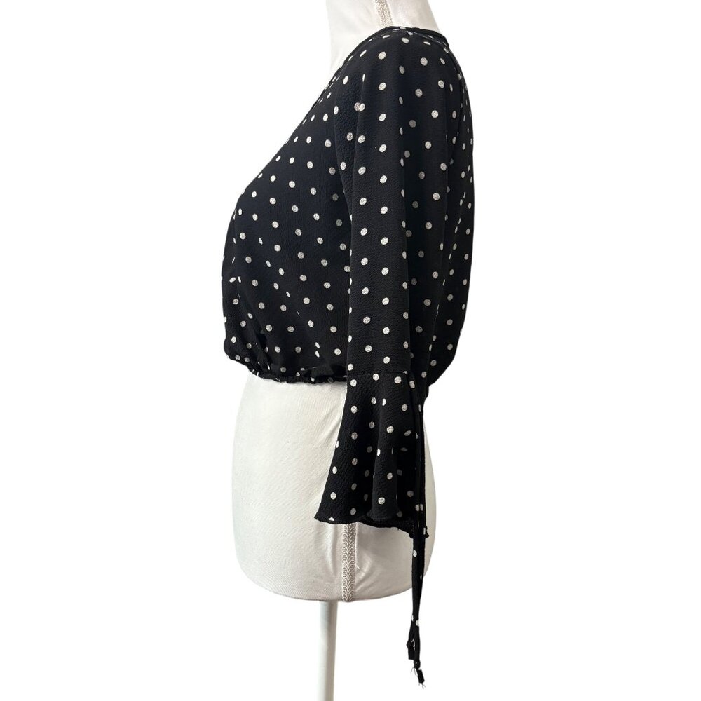 Modern Romantic Black Polka Dot Coquette Chic Crop Top W/ Bell Sleeves Clé Luv S - Picture 2 of 13